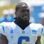 Aug 7, 2025; El Segundo, CA, USA; Los Angeles Chargers linebacker Denzel Perryman (6) during training camp at The Bolt. Mandatory Credit: Kirby Lee-Imagn Images