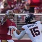 Broncos Nik Bonitto August 9, 2025; Santa Clara, California, USA; San Francisco 49ers quarterback Mac Jones (10) passes the football against Denver Broncos linebacker Nik Bonitto (15) during the first quarter at Levi's Stadium. Mandatory Credit: Kyle Terada-Imagn Images