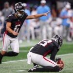 Aug 15, 2025; Atlanta, Georgia, USA; Atlanta Falcons place kicker Younghoe Koo (6) kicks a field goal against the Tennessee Titans in the second quarter at Mercedes-Benz Stadium. Mandatory Credit: Brett Davis-Imagn Images