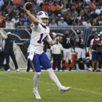 Bengals Aug 17, 2025; Chicago, Illinois, USA; Buffalo Bills quarterback Mike White (14) throws during the first half against the Chicago Bears at Soldier Field. Mandatory Credit: Matt Marton-Imagn Images