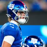 New York Giants quarterback Jaxson Dart (6) is shown during the first quarter, Thursday, August 21, 2025, in East Rutherford.