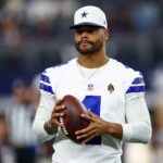 Aug 22, 2025; Arlington, Texas, USA; Dallas Cowboys quarterback Dak Prescott (4) before the game against the Atlanta Falcons at AT&T Stadium.