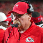 Aug 22, 2025; Kansas City, Missouri, USA; Kansas City Chiefs head coach Andy Reid on the sidelines against the Chicago Bears during the first half of the game at GEHA Field at Arrowhead Stadium. Mandatory Credit: Denny Medley-Imagn Images