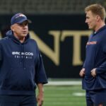 Aug 23, 2025; New Orleans, Louisiana, USA; Denver Broncos head coach Sean Payton talks to Denver Broncos quarterback Bo Nix (10) before a game against the New Orleans Saints at Caesars Superdome.
