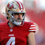 Aug 23, 2025; Santa Clara, California, USA; San Francisco 49ers place kicker Jake Moody (4) before a game against the Los Angeles Chargers at Levi's Stadium. Mandatory Credit: Sergio Estrada-Imagn Images