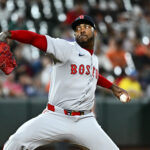 Aug 27, 2025; Baltimore, Maryland, USA; Boston Red Sox pitcher Aroldis Chapman (44) delivers a pitch during the ninth inning against the Baltimore Orioles at Oriole Park at Camden Yards. Mandatory Credit: James A. Pittman-Imagn Images