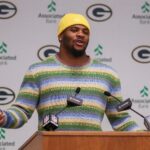 Green Bay Packers edge rusher Micah Parsons speaks during an introductory press conference on Friday, August 29, 2025, at Lambeau Field in Green Bay, Wis. The Packers made a trade with the Dallas Cowboys on Aug. 28 to acquire Parsons in exchange for defensive tackle Kenny Clark and two first round picks. Tork Mason/USA TODAY NETWORK-Wisconsin