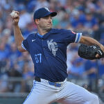 Aug 29, 2025; Kansas City, Missouri, USA; Kansas City Royals starting pitcher Seth Lugo (67) throws a pitch in the first inning against the Detroit Tigers at Kauffman Stadium. Mandatory Credit: Peter Aiken-Imagn Images