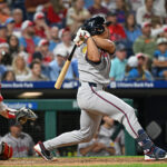 Aug 31, 2025; Philadelphia, Pennsylvania, USA; Atlanta Braves catcher Drake Baldwin (30) watches his two-run home run during the ninth inning against the Philadelphia Phillies at Citizens Bank Park. Mandatory Credit: Eric Hartline-Imagn Images