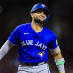 Sep 2, 2025; Cincinnati, Ohio, USA; Toronto Blue Jays shortstop Bo Bichette (11) reacts after a play in the seventh inning against the Cincinnati Reds at Great American Ball Park. Mandatory Credit: Katie Stratman-Imagn Images