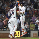 Sep 3, 2025; Houston, Texas, USA; Houston Astros shortstop Jeremy Pena (3) celebrates with left fielder Yordan Alvarez (44) after hitting a home run during the sixth inning against the New York Yankees at Daikin Park. Mandatory Credit: Troy Taormina-Imagn Images