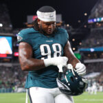 Sep 4, 2025; Philadelphia, Pennsylvania, USA; Philadelphia Eagles defensive tackle Jalen Carter (98) walks off the field after being ejected during the first quarter of the game against the Dallas Cowboys at Lincoln Financial Field. Mandatory Credit: Bill Streicher-Imagn Images