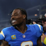 [US, Mexico & Canada customers only] Sep 5, 2025; Sao Paulo, BRAZIL; Los Angeles Chargers safety Derwin James Jr. (3) celebrates after a game against the Kansas City Chiefs at Corinthians Arena. Mandatory Credit: Amanda Perobelli/Reuters via Imagn Images