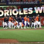 Sep 6, 2025; Baltimore, Maryland, USA; Baltimore Orioles players celebrate after a game against the Los Angeles Dodgers at Oriole Park at Camden Yards. Mandatory Credit: Daniel Kucin Jr.-Imagn Images
