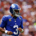 Sep 7, 2025; Landover, Maryland, USA; New York Giants quarterback Russell Wilson (3) during the first quarter against the Washington Commanders at Northwest Stadium. Mandatory Credit: Peter Casey-Imagn Images