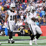Sep 7, 2025; Foxborough, Massachusetts, USA; Las Vegas Raiders running back Ashton Jeanty (2) reacts after rushing for a touchdown against the New England Patriots during the second half at Gillette Stadium. Mandatory Credit: Brian Fluharty-Imagn Images
