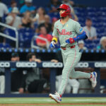 Sep 7, 2025; Miami, Florida, USA; Philadelphia Phillies shortstop Trea Turner (7) circles the bases after hitting a home run against the Miami Marlins during the sixth inning at loanDepot Park. Mandatory Credit: Sam Navarro-Imagn Images