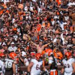 Cleveland Browns fans after Cincinnati Bengals quarterback Joe Burrow (9) is sacked in the fourth quarter of the NFL Week 1 game between the Cleveland Browns and the Cincinnati Bengals at Huntington Bank Field in Cleveland on Sunday, Sept. 7, 2025. The Bengals begin the season with a 17-16 win over the Browns.