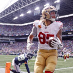Sep 7, 2025; Seattle, Washington, USA; San Francisco 49ers tight end George Kittle (85) celebrates after scoring a touchdown during the first half against the Seattle Seahawks during the first quarter at Lumen Field. Mandatory Credit: Joe Nicholson-Imagn Images
