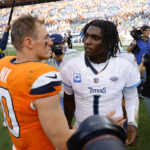 Sep 7, 2025; Denver, Colorado, USA; Denver Broncos quarterback Bo Nix (10) and Tennessee Titans quarterback Cam Ward (1) shake hands after the game at Empower Field at Mile High. Mandatory Credit: Isaiah J. Downing-Imagn Images