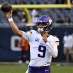 Sep 8, 2025; Chicago, Illinois, USA; Minnesota Vikings quarterback J.J. McCarthy (9) practices before the game at Soldier Field. Mandatory Credit: Matt Marton-Imagn Images