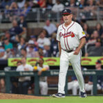 Sep 9, 2025; Cumberland, Georgia, USA; Atlanta Braves manager Brian Snitker (43) walks to the mound during the game against the Chicago Cubs during the eighth inning at Truist Park. Mandatory Credit: Jordan Godfree-Imagn Images