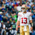 Sep 7, 2025; Seattle, Washington, USA; San Francisco 49ers quarterback Brock Purdy (13) reacts following a failed third down play against the Seattle Seahawks during the fourth quarter at Lumen Field. Mandatory Credit: Joe Nicholson-Imagn Images