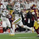 Green Bay Packers tight end Tucker Kraft (85) makes a long reception during the first quarter of their game against the Washington Commanders Thursday, September 11, 2025 at Lambeau Field in Green Bay, Wisconsin.