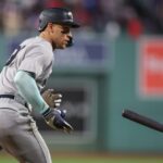 Aaron Judge Yankees Red Sox Sep 12, 2025; Boston, Massachusetts, USA; New York Yankees designated hitter Aaron Judge (99) reacts after hitting a home run during the first inning against the Boston Red Sox at Fenway Park. Mandatory Credit: Paul Rutherford-Imagn Images
