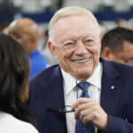 Sep 14, 2025; Arlington, Texas, USA; Dallas Cowboys owner Jerry Jones on the sidelines before the game against the New York Giants at AT&T Stadium. Mandatory Credit: Raymond Carlin III-Imagn Images