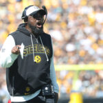 Sep 14, 2025; Pittsburgh, Pennsylvania, USA; Pittsburgh Steelers head coach Mike Tomlin reacts on the sidelines against the Seattle Seahawks during the second quarter at Acrisure Stadium. Mandatory Credit: Charles LeClaire-Imagn Images