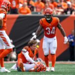 Cincinnati Bengals quarterback Joe Burrow (9) is injured on a play in the second quarter of the NFL Week 2 game between the Cincinnati Bengals and the Jacksonville Jaguars at Paycor Stadium in downtown Cincinnati on Sunday, Sept. 14, 2025. The Jaguars led 17-10 at halftime.