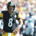 Sep 14, 2025; Pittsburgh, Pennsylvania, USA; Pittsburgh Steelers quarterback Aaron Rodgers (8) looks at the scoreboard against the Seattle Seahawks during the second quarter at Acrisure Stadium. Mandatory Credit: Charles LeClaire-Imagn Images