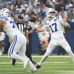 Sep 14, 2025; Indianapolis, Indiana, USA; Indianapolis Colts quarterback Daniel Jones (17) passes the ball during the first quarter against the Denver Broncos at Lucas Oil Stadium. Mandatory Credit: Robert Goddin-Imagn Images