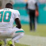 Tyreek Hill Dolphins Sep 14, 2025; Miami Gardens, Florida, USA; Miami Dolphins wide receiver Tyreek Hill (10) watches from the sideline against the New England Patriots during the fourth quarter at Hard Rock Stadium. Mandatory Credit: Sam Navarro-Imagn Images