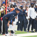 Sep 14, 2025; Indianapolis, Indiana, USA; Denver Broncos head coach Sean Payton looks on during the second quarter against the Indianapolis Colts at Lucas Oil Stadium. Mandatory Credit: Robert Goddin-Imagn Images