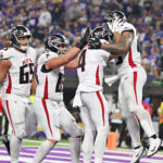 Sep 14, 2025; Minneapolis, Minnesota, USA; Atlanta Falcons running back Tyler Allgeier (25) celebrates after a touchdown during the second half against the Minnesota Vikings at U.S. Bank Stadium. Mandatory Credit: Jeffrey Becker-Imagn Images