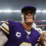 Sep 14, 2025; Minneapolis, Minnesota, USA; Minnesota Vikings quarterback J.J. McCarthy (9) reacts after the game against the Atlanta Falcons at U.S. Bank Stadium. Mandatory Credit: Matt Krohn-Imagn Images