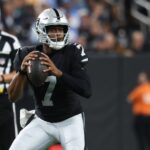 Raiders Geno Smith - Sep 15, 2025; Paradise, Nevada, USA; Las Vegas Raiders quarterback Geno Smith (7) drops back to pass during the first quarter against the Los Angeles Chargers at Allegiant Stadium. Mandatory Credit: Kiyoshi Mio-Imagn Images