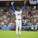 Sep 16, 2025; Los Angeles, California, USA; Los Angeles Dodgers two-way player Shohei Ohtani (17) reacts after right fielder Alex Call (12) saves a home run hit by Philadelphia Phillies left fielder Max Kepler (17) during the fifth inning at Dodger Stadium. Mandatory Credit: Jayne Kamin-Oncea-Imagn Images