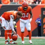 Cincinnati Bengals quarterback Joe Burrow (9) is injured on a play in the second quarter of the NFL Week 2 game between the Cincinnati Bengals and the Jacksonville Jaguars at Paycor Stadium in downtown Cincinnati on Sunday, Sept. 14, 2025. The Jaguars led 17-10 at halftime.