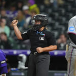 MLB Sep 17, 2025; Denver, Colorado, USA; MLB home plate umpire Jen Pawol (95) during the seventh inning of the game between the Miami Marlins against the Colorado Rockies at Coors Field. Mandatory Credit: Ron Chenoy-Imagn Images