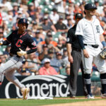 Sep 18, 2025; Detroit, Michigan, USA; Cleveland Guardians shortstop Brayan Rocchio (4) rounds third after he hits a triple in the sixth inning against the Detroit Tigers at Comerica Park. Mandatory Credit: Rick Osentoski-Imagn Images