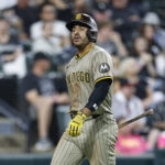 Sep 19, 2025; Chicago, Illinois, USA; San Diego Padres left fielder Ramón Laureano (5) reacts after striking out against the Chicago White Sox during the ninth inning at Rate Field. Mandatory Credit: Kamil Krzaczynski-Imagn Images