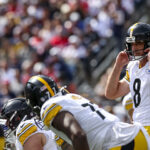 Sep 21, 2025; Foxborough, Massachusetts, USA; Pittsburgh Steelers quarterback Aaron Rodgers (8) during the first quarter at Gillette Stadium. Mandatory Credit: Paul Rutherford-Imagn Images