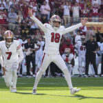 Sep 21, 2025; Santa Clara, California, USA; San Francisco 49ers kicker Eddy Pieiro (18) reacts after kicking the game winning field goal against the Arizona Cardinals at Levi's Stadium. Mandatory Credit: Kyle Terada-Imagn Images