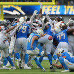 Sep 21, 2025; Inglewood, California, USA; Los Angeles Chargers kicker Cameron Dicker (11) hits the winning field goal as time ran out to defeat the Denver Broncos 23-20 at SoFi Stadium. Mandatory Credit: Jayne Kamin-Oncea-Imagn Images
