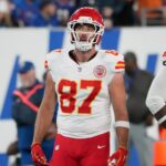 Travis Kelce Chiefs Sep 21, 2025; East Rutherford, New Jersey, USA; Kansas City Chiefs tight end Travis Kelce (87) looks on in the first quarter against the New York Giants at MetLife Stadium. Mandatory Credit: Robert Deutsch-Imagn Images