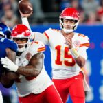 Kansas City Chiefs quarterback Patrick Mahomes (15) throws to a teammate, Sunday, September 21, 2025.
