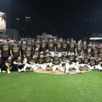 Sep 22, 2025; San Diego, California, USA; San Diego Padres players pose for a team photo after the Padres clinched a spot in the National League Wild Card Series by beating the Milwaukee Brewers at Petco Park. Mandatory Credit: Denis Poroy-Imagn Images
